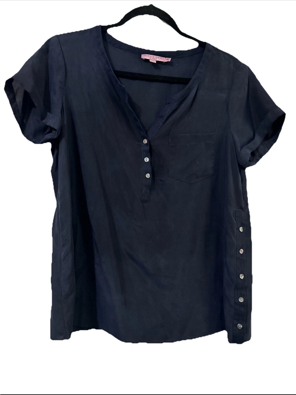 Calypso St. Barth 100% Silk Blouse & Linen Trim  Top Size M Good Condition